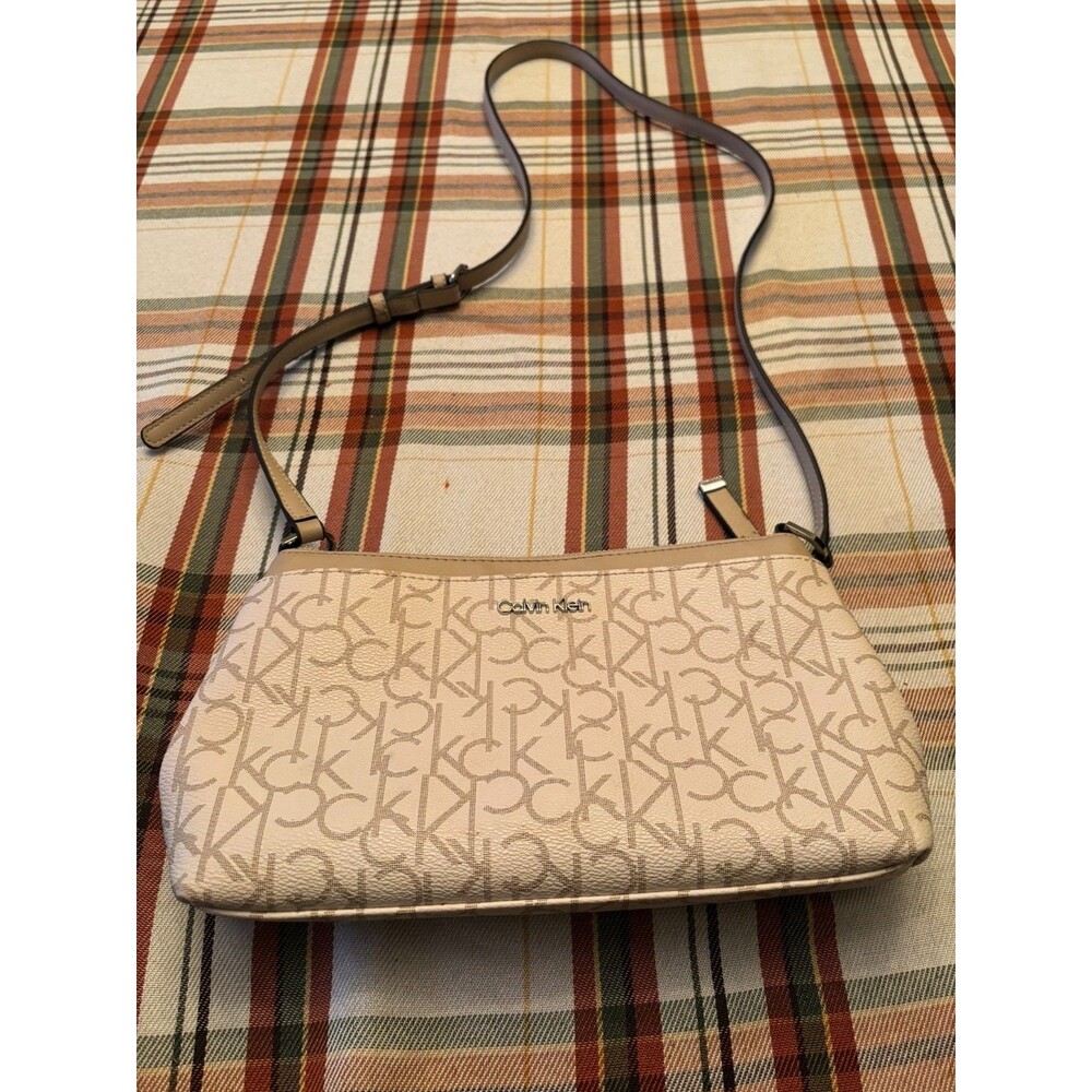 Calvin Klein CK Monogram Crossbody Purse Beige Tan Adjustable Strap Zip Bag